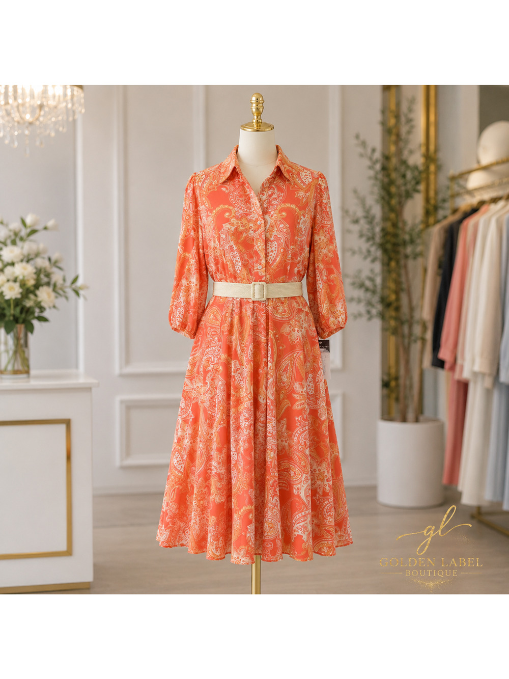 Tahari ASL Paisley Belted Fit & Flare Midi Dress Size 12 Coral Orange NWT